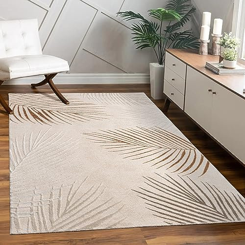 Paco Home Teppich Wohnzimmer Schlafzimmer Moderner Kurzflor glänzendes Palmen-Muster Florales Design Geometrisch Hoch-Tief-Effekt 3D, Grösse:80x300 cm, Farbe:Beige 2