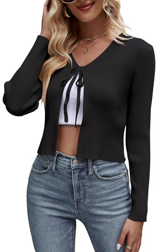 SECRETEYARD Cardigan à manches longues en tricot côtelé pour femme avec nœud sur le devant pour robe, pulls, hauts courts, noir, Taille M