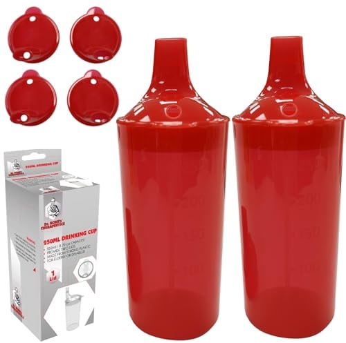 DR. BONE'S THERAPEUTICS ® Set of 2: Red, Wide Spout, Feeding Beakers. 250ml with Graduated Measurements and Adjustable Flow Lid - Autoclavable, Microwave Safe Spill-Proof & Leak Prevention