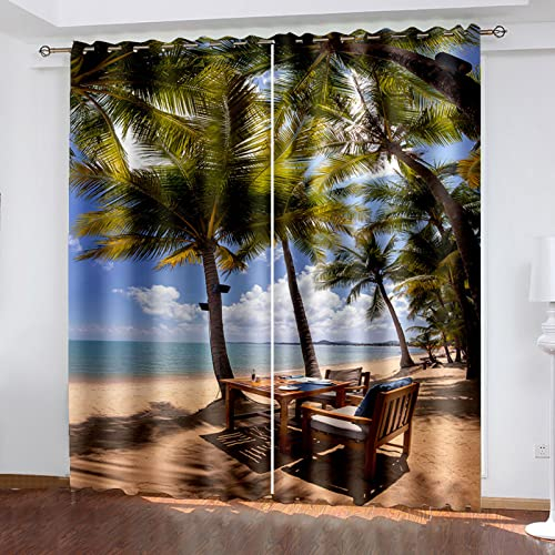 COOBAA 3D Kokosnussbaum-Meeresstrand Druck Muster Ösen Gardinen Wohnzimmer Modern, Abdunkelnde Thermovorhänge Schlafzimmer 220X260Cm, Schiebevorhang Blickdicht, Vorhang Flur Raumteiler Back Tab