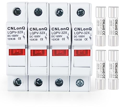 DEWIN Solar PV Sicherungshalter, 4 Stück 1P Sicherungshalter Hutschiene mit Licht und 4 Stück Keramik Sicherung 15A DC 1000V