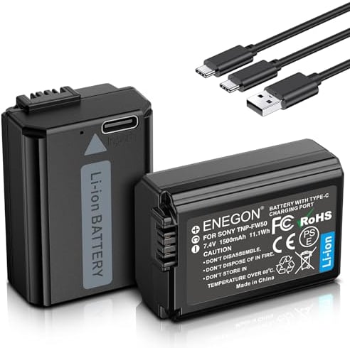 ENEGON NP-FW50 batterie rechargeable 2 Pack 1500mAh avec câble de Charge USB-C 2 en 1 pour Sony ZV-E10, A6000, A6500, A6300, A6400, A7, A7II, A7RII, A7SII, A7S, A7R, A55, A5100,A5000, A3000, A55, RX10