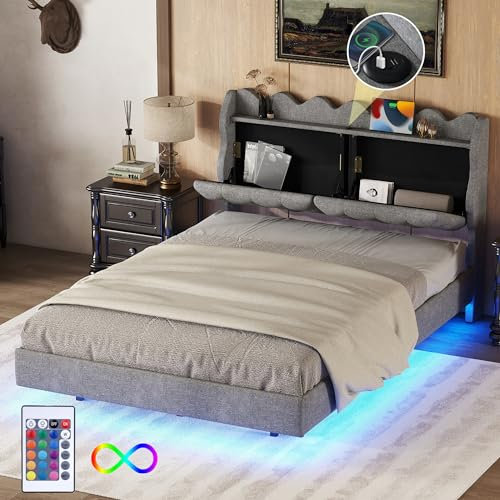 Polsterbett 140x200 cm Stauraum-Kopfteil Bett mit LED-Beleuchtung und USB-Ladefunktion, LED Doppelbett Hängebett Funktionsbett, Grau Stauraumbett Jugendbett Bettgestell für Erwachsene & Jugendliche