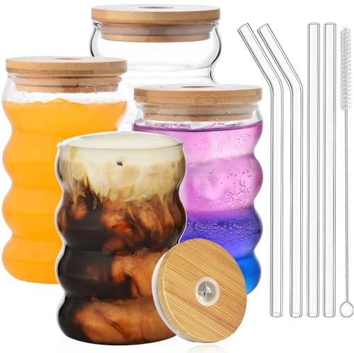 Alink Trinkgläser mit Deckel und Trinkhalmen, wellenförmige Luftblasen-Trinkglasbecher, Biergläser, Eiskaffeegläser, Cocktailgläser, Wasserbecher mit Bürste, 473 ml, 4 Stück