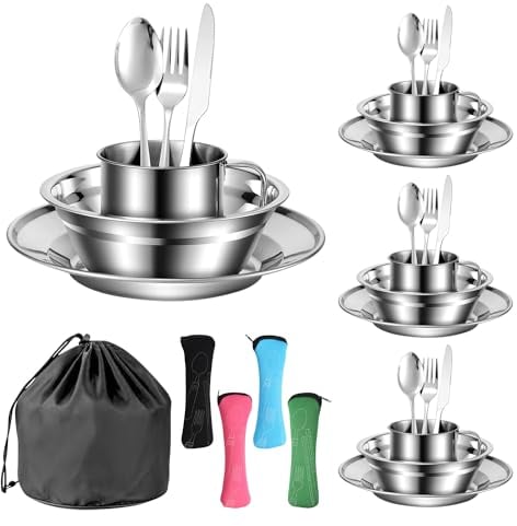 Tissting 24 Pièces Lot de Ustensiles de Cuisine de Camping pour 4 Personnes, Kit Cuisine de Camping, Vaisselle de Camping en Acier Inoxydable avec Assiettes, Tasses, Cuillères, Fourchettes Couteaux