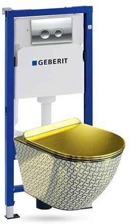 Lavita Duofix Basic Vorwandelement + Wand Tiefspül WC Sofi Slim Golden Never Die Spülrandlos + WC Sitz + Bedienplatte Delta 25 Verchromt Knopf Komplettset Unterputz Spülkasten Toilette Komplett Sett