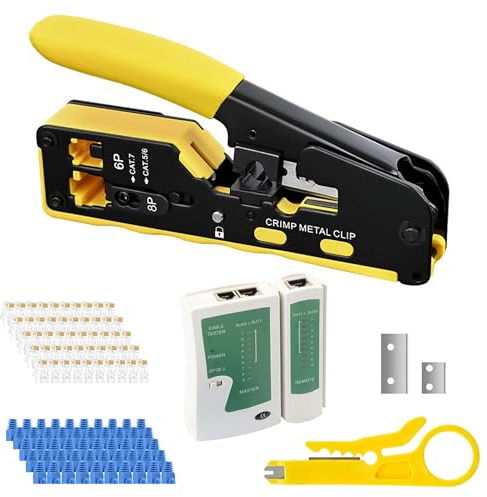 Kit de Crimpadora RJ45: Herramienta de Crimpado RJ45 Cat5 Cat5e Cat6 con 50 Pcs Conectores de Paso CAT6 y 50pcs Cubiertas para Mantenimiento y Reparación de Red