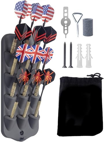 Extguds Dart Holder Wall Mount, Dart Display Rack,Dart Stand Displays 12 Steel/Soft Tip Darts,with Storage Bag,Screws, expansion tube,Screwdriver, Dart sharpener and Dart Wrench