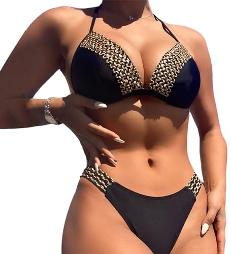 EMOTTOS Sexy Women's Ribbed Swimwear, Tummy Control Halter V-Neck Swimsuit with Adjustable Bra, Two-Piece High Waist Soft High Elasticity Curvy Swimsuit, Sexy Bikini Triangle Cup, M