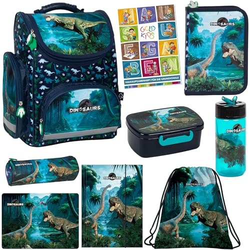 Goldkids - Schulranzen für Jungen und Mädchen, 9er-Set - Schul-Rucksack für Kinder mit Federmäppchen - Schuhbeutel Malunterlage Sammelmappe und Hausaufgabenheft - Dinosaurier Motiv - 1-3 Klasse