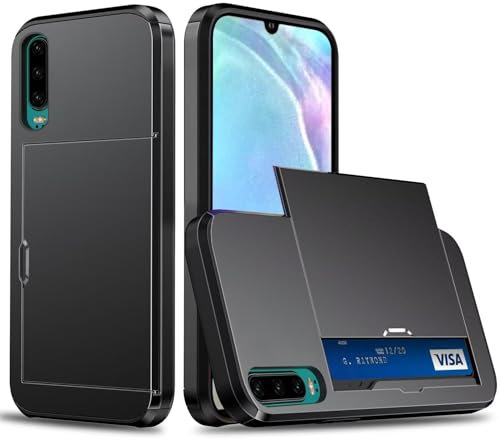 Beajew Handyhülle für Huawei P30 Case Silikon, mit Kartenfach Silikon TPU Handyhülle Dünn Weiche Stoßfest Flexibel Handy Tasche Bumper Brieftasche Case, Schwarz