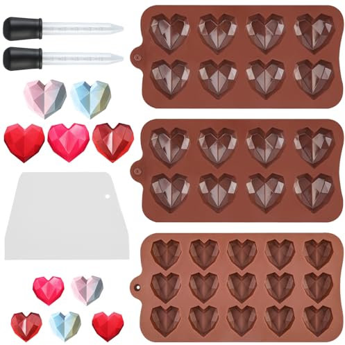 GHVACZS 3 Stück Diamant Silikonform Herz, 8-Kavität und 15-Kavität Herz Silikonform, Silikonform Schokolade mit Pipette und Spatel, Herzform Kuchenform zum Backen Käsekuchen, Mousse, Schokolade