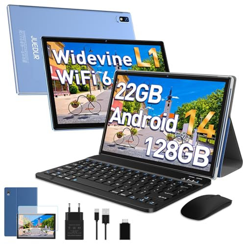 JUEDUR Tablet 10 pollici Android 14,22GB RAM+128GB ROM(1TB TF), tablet in offerta/Widevine L1/8000mAh/Octa-Core/2.0Ghz/5G WiFi 6/ 8MP+5MP/BT 5.0/Tablet con Tastiera+Custodia+Mouse, Blu