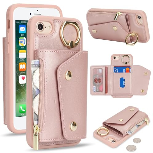 Lipvina für iPhone 7/8/SE2020/SE2022 Hülle mit Kartenhalter Handyhülle mit Schlüsselanhänger Hülle geldbörse Leder Reißverschluss für Herren und Damen - Roségold