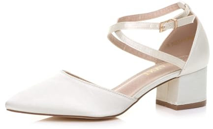 AJVANI Womens Ladies mid Block Heel Cross Strap Evening Mary Jane Court Shoes Size 6 39 Ivory Satin