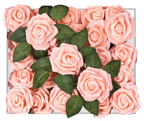 Petalscentusia Artificial Roses 25 pcs Fake Roses with Stems and 20 Leaves Foam Latex for Wedding Bouquets, Valentine's Day, Home Décor, and Party Decorations (Blush Roses)