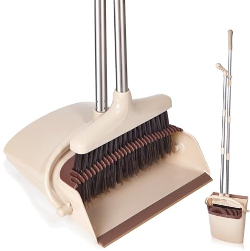 XXFLOWER Long Handle Dustpan and Brush Sets, Broom and Dustpan Set with Comb Teeth, Sweeping Brush Set for Indoor Kitchen Lobby Office Sweeping Pet Dog Hair, Household Cleaning Supplies(Beige)