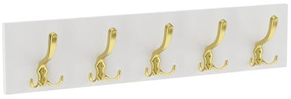 HWS FURNITURE Garderobenleisten, Kleiderhaken Wand– 65 cm – mit soliden 5 Haken Wandaufhänger, Garderobenhaken, Wandgarderobe für Flur, Ankleidezimmer, Schlafzimmer und Badezimmer (Weiß/Gold)