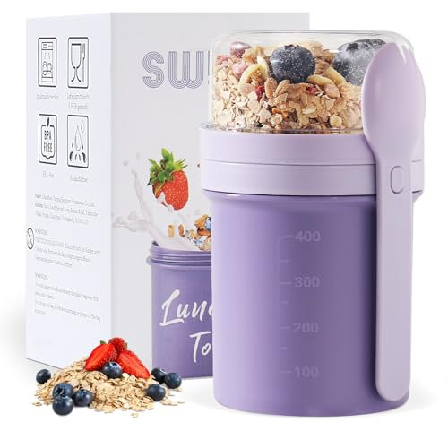 Swkien MüSlibecher to Go, Joghurtbecher to Go 450ml+250ml, Joghurt to Go Becher mit Löffel, Müsli Becher to Go für Müsli & Joghurt, Auslaufsicherer Müsli Cup to Go, Lunchpot(Vivid Lilac)