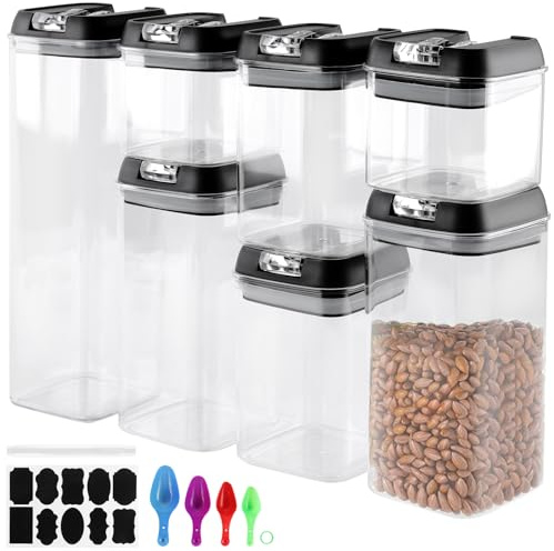 MUKSUET 7 Pack Airtight Food Storage Container, Cereal Storage Jar with Lid, Plastic Kitchen Storage Containers with Tags and Measuring Spoons for Tea, Sugar, Coffee, Pasta