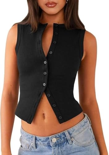 Sukiglam Canotta Donna Elegante Estive Senza Maniche Maglia a Costine Canottiera con Bottoni Frontali Crop Top on Scollo a V/Alto Sexy Elasticizzato Slim Fit Y2k Tops Moda Streetwear