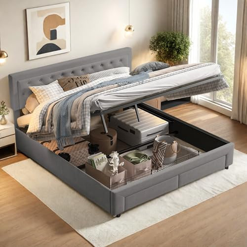 BRILVERDE Polsterbett 180x200 cm Doppelbett mit 2 Schubladen, Hydraulisch Stauraumbett, Jugendbett mit kopfteil, Bettgestell mit Lattenrost, Bettrahmen, Samt (Grau, 180 x 200 cm)