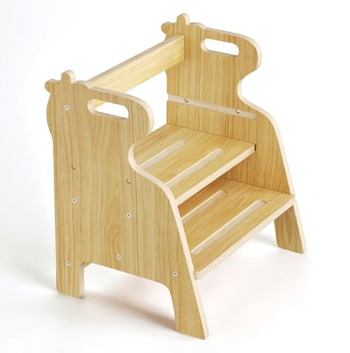 Niktulo Stabiler Tritthocker Kinder aus Holz – Zwei verstellbare Höhen – Hocker, Schemel mit 2 Stufen – für Bad, Küche, Kinderzimmer ab 2 Jahre, Klein