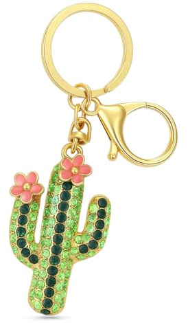 DONWOIE Cactus Keyring, Rhinestone Keychain Bag Charms for Women | Cute Key Rings with Pink Enamel Flower Cactus Gifts for Plant Lovers and Light Luxury Style