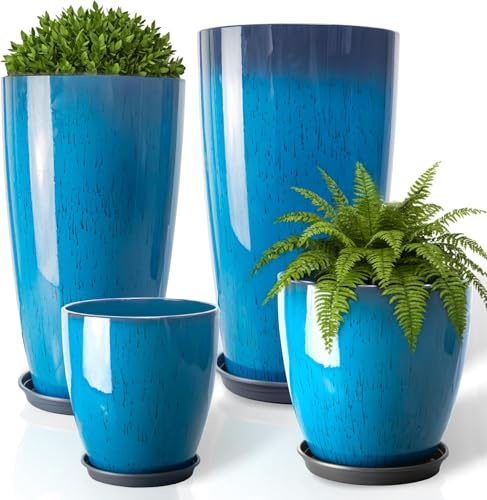 ZMTECH Blumentöpfe 25/30/35,5/30 cm Durchmesser, 26/30/53/61 cm Hohe Pflanzentöpfe mit Abflussloch Untersetzer für Terrasse/Balkon(4er-Set, Blau)