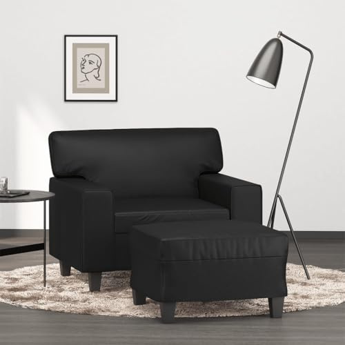 RMIHSJG Sessel mit Hocker Schwarz 60 cm Kunstleder, 2-teiliges Set, bequemer Relaxsessel mit dickem Polster und robustem Metallgestell, modernes Design für Wohnzimmer, langlebiges