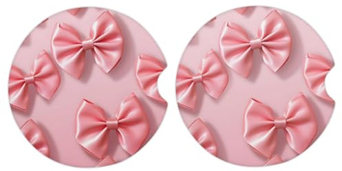 Mexpekil Auto-Untersetzer für Getränkehalter, rosa Schleife, saugfähig, Keramik-Untersetzer mit Korkboden, 2 Stück, rutschfeste Getränkeuntersetzer für Schreibtisch, Boot, 6,4 cm, Autozubehör