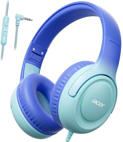 Acer Kids Headphones Wired for Kids with 85/94dB Volume Limit, 3.5mm Jack | Foldable Adjustable Stereo Sound Over Ear, for School, Travel, Tablet, Kindle, iPad, PC(Blue Gradient)