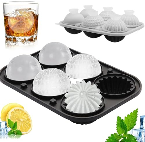 3D Eiswürfelform Silikon 5 cm Groß Eiswürfelform Kugel Rund, BPA-Frei | mit Trichter & Deckel, 6 Rund/3 Verschiedene Kugelförmige Ice Cube Tray für Whiskey Cocktail Liköre Gin & Bierund (Schwarz)