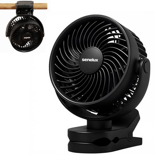 Senelux 5 Inch Clip On Fan, Rechargeable Portable Desk Fan with 4 Speeds, 2000mAh USB Pram Fan, Quiet 360° Personal Fan for Bed, Baby Stroller, Office and Camping - Black