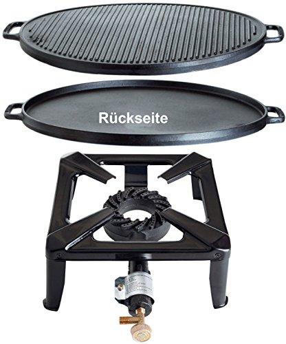 PaellaWorld 3030+5501 Hockerkocher mit 8,5 kW Leistung, Abmessung 30 x 30 x 15 cm und Gusseisengrillplatte Durchmesser 38 cm