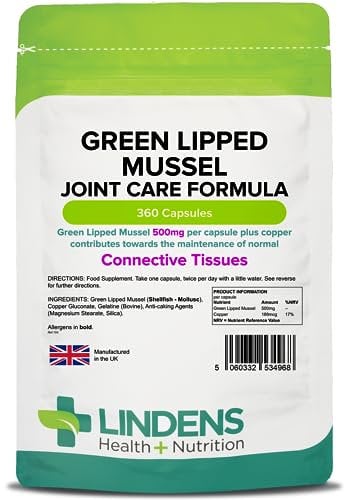 Lindens - Green Lipped Mussel 360 Capsules - with Copper, 1000mg Daily Intake, UK Made - Connective Tissues, Joint Care Formula - Rapid Release - Letterbox Friendly