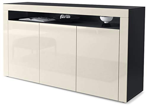 Vladon Sideboard Valencia, Made in Germany, Kommode mit 3 Türen und 1 offenem Fach, Schwarz matt/Creme Hochglanz/Creme Hochglanz (155 x 92 x 40 cm)