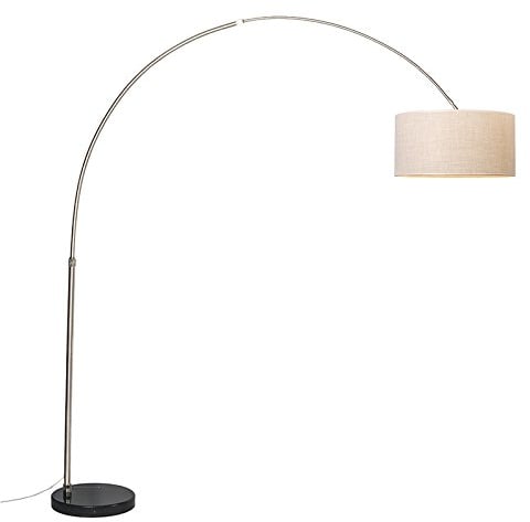 Qazqa - Modern Bogenlampe Stahl I Silber I nickel matt Stoffschirm weiß 50 cm - XXL I Wohnzimmer - Stahl Länglich - LED geeignet E27