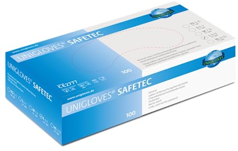 UNIGLOVES - Robuster SAFETEC® Latexhandschuh | Puderfrei & lebensmittelecht | Extra griffig dank mirkrogeraute Handfläche |100 Stück | Einmalhandschuh M