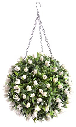 Best Artificial TULIP Flower Ball Lush Long Leaf Topiary Grass (28cm, White)
