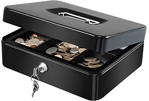 KYODOLED Large Cash Box with Removable Money Tray, Key Lock Metal Storage Box with 2 Keys & Portable Handle, Safe Cash Drawer, 9.84x 7.87x 3.54, Black Large