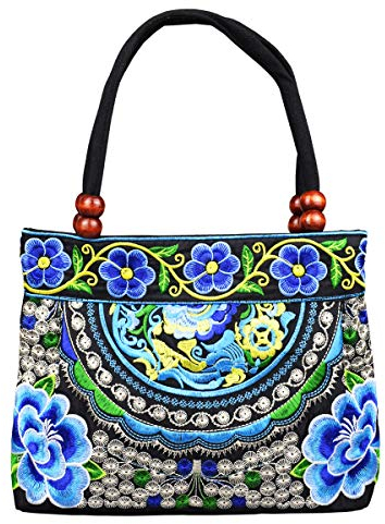 Einzigartige Vintage-Hobo-Tragetaschen für Damen, bestickt, Schulterhandtaschen, Blumen-Taschen für Damen, Apfelblau, Medium