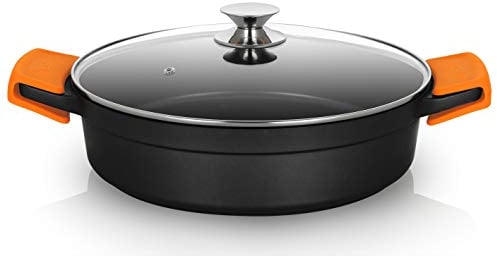 Orbegozo CDB 1032 Cacerola Baja Aluminio Forjado, 5.9 L, Superficie Antiadherente Libre de PFOA, Asas de Silicona, Tapa de Cristal Templado