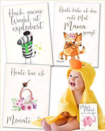 JANEYO - 70 Motive Meilensteinkarten Baby mein erstes Jahr - für Mädchen, Jungen und Zwillinge zur Geburt - Süßes Babygeschenk zur Schwangerschaft, Geburt oder für die Babyparty