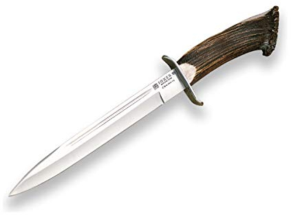 Joker Jagdmesser Chamoís CN31 mit Hirschhorngriff und 25,5 cm MOVA-Klinge, braune Lederscheide, 360 Gramm, Angelgerät, Jagd, Camping und Wandern.