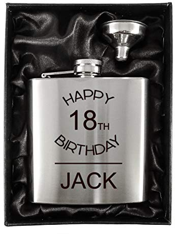Personalised Stainless Steel 6oz Hip Flasks in a Black Lined Satin Gift Box + Funnel (Design 1)