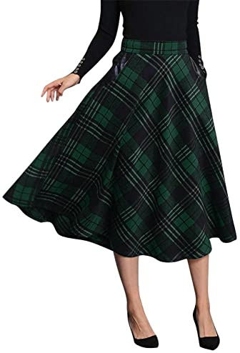 IDEALSANXUN Jupe plissée à carreaux longueur midi pour femmes, jupe à coupe trapèze, pour l’automne et l’hiver, taille haute, vert, Taille XS