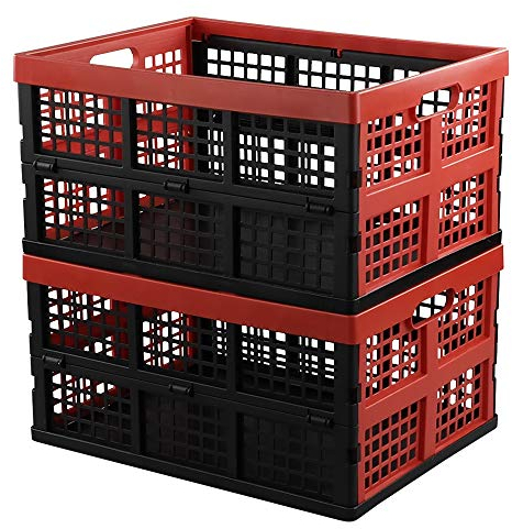 Hespapa 35L Folding Crates, Plastic Collapsible Storage Container Milk Crate Baskets(Red, 2 Packs)