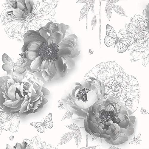 Flower Garden Mono Wallpaper Textured Vinyl Glitter Floral Butterfly