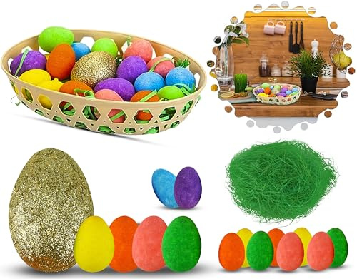36 x Oster-Glitzer-Eier, Dekoration – Glitzer-Schaumstoff-Eier im Korb, bunte Eier für Tischdekoration, Osterhaube, Trilby, Basteln, Frühlingsparty-Gastgeschenke